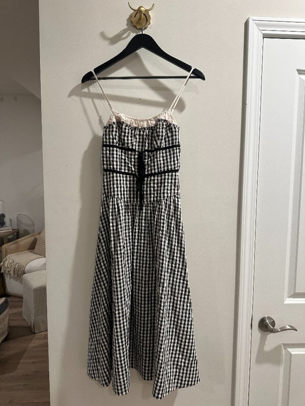 FOR LOVE & LEMONS Georgia Gingham Sweetheart Neck Midi Dress in Black & White